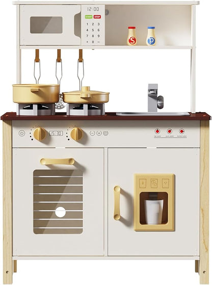 Babytronic Kids Play Kitchen, Wooden Kitchen Playset for Kids Ages 3+ with Real Lights, Sounds, Stove, Sink, Oven, and 30 Pcs Accessories, Toys Kitchen Small Pretend Play Kitchen for Toddlers (White)