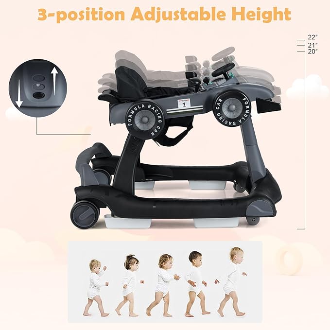 HONEY JOY 4-in-1 Baby Walker, Activity Push Walker w/3 Adjustable Heights, Smooth Wheels w/Adjustable Speed, Padded Seat, Music & Light, Foldable Car Walker for Baby Boys Girls Age 6 Months+ (Gray)