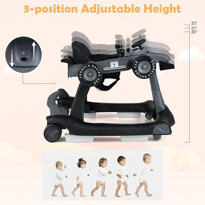 HONEY JOY 4-in-1 Baby Walker, Activity Push Walker w/3 Adjustable Heights, Smooth Wheels w/Adjustable Speed, Padded Seat, Music & Light, Foldable Car Walker for Baby Boys Girls Age 6 Months+ (Gray)