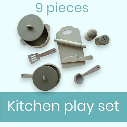 Kids Kitchen Silicone Pretend Toys- 9pcs Play Kitchen Accessories Set with Cookware -Food Grade Silicone -Kids Toy Kitchen Accessories – Pretend Play Kitchen Toy Set for Cooking-Green
