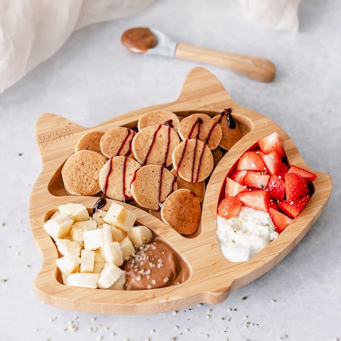 Bamboo Baby Plate with Suction - Kids and Toddler Suction Cup Plate for Babies, Non-Toxic All-Natural Bamboo Baby Food Plate Stays Cool to The Touch for Baby-Led Weaning (Fox-Pink)