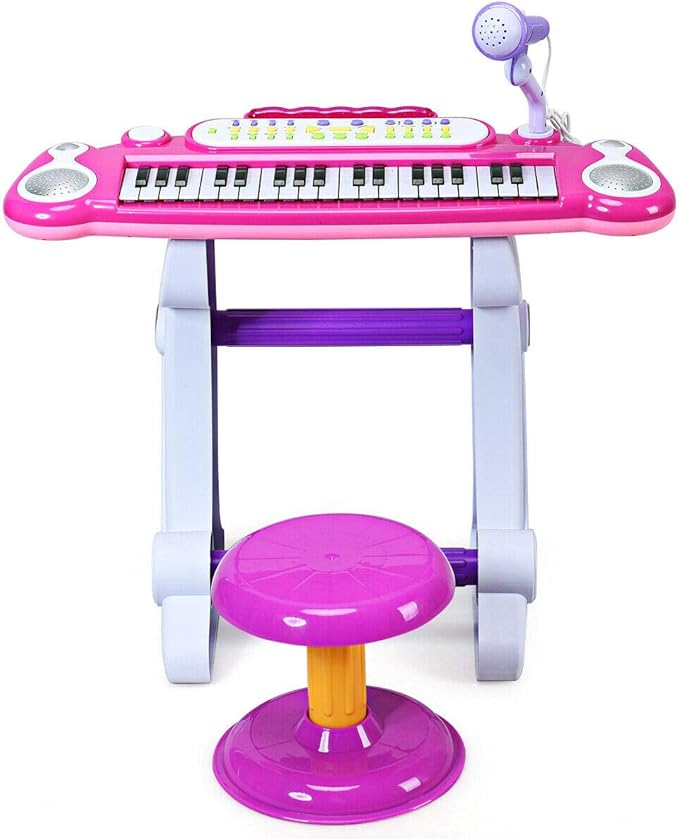 Costzon 37-Key Kids Piano Keyboard Toy, Toddler Electronic Musical Instrument Educational Toy w/Microphone, Multiple Sounds, Record Playback, Lights & Stool, Birthday Gift for Girls Boys Age 3+, Pink