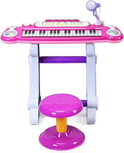 Costzon 37-Key Kids Piano Keyboard Toy, Toddler Electronic Musical Instrument Educational Toy w/Microphone, Multiple Sounds, Record Playback, Lights & Stool, Birthday Gift for Girls Boys Age 3+, Pink
