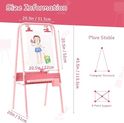 FUNLIO Foldable Outdoor Easel for Kids Aged 3+, Waterproof & Sunproof Kids Easel with 2 Acrylic Boards, Double-Sided Kids Easel with 21 pcs Accessories, Portable & Stable - Pink