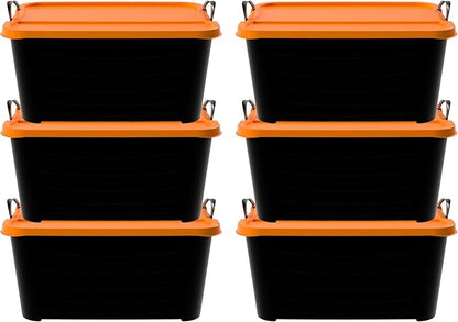 Life Story 6 Pack Heavy Duty Stackable Storage Bin, 55 Quart Home Organizer, Versatile Lightweight Locking Bins with Carrying Handles, Black/Orange