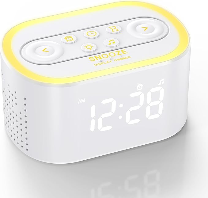 Reacher Digital Alarm Clock & White Noise Sound Machine, 21 Soothing Sounds, 7 Wake Up Sounds, 8 Night Lights, 9 Sleep Timer, 32-Level Volume, Memory Function for Bedside, Bedroom, Teens, Kids, White