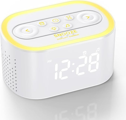 Reacher Digital Alarm Clock & White Noise Sound Machine, 21 Soothing Sounds, 7 Wake Up Sounds, 8 Night Lights, 9 Sleep Timer, 32-Level Volume, Memory Function for Bedside, Bedroom, Teens, Kids, White