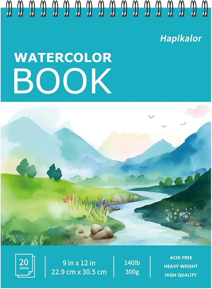 Hapikalor 9"x12" Watercolor Sketchbook, 1-Pack Spiral Bound, Water Color Paper, 140lb/300gsm Watercolor Paper, Watercolor Notebook, Watercolor Journal, Watercolor Sketch Pad, School Supplies, Teal