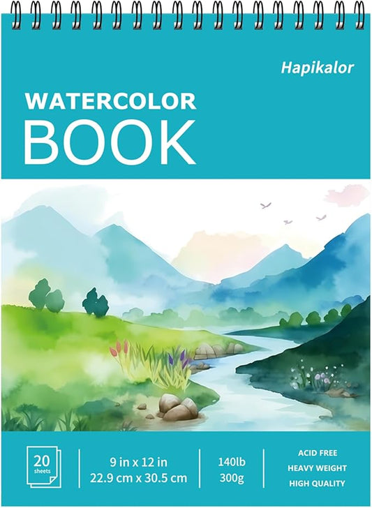 Hapikalor 9"x12" Watercolor Sketchbook, 1-Pack Spiral Bound, Water Color Paper, 140lb/300gsm Watercolor Paper, Watercolor Notebook, Watercolor Journal, Watercolor Sketch Pad, School Supplies, Teal