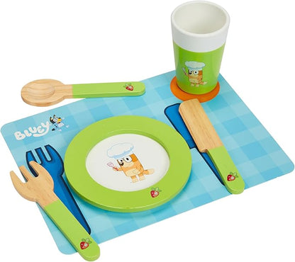 Bluey - Dine in with Bluey Set, 32-Piece Wooden Toy Set with Magic Asparagus, Plates, Utensils & More, Perfect for Role-Play & Imaginative Fun, FSC-Certified, Suitable for 3 Years & Up