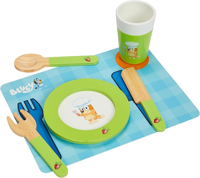 Bluey - Dine in with Bluey Set, 32-Piece Wooden Toy Set with Magic Asparagus, Plates, Utensils & More, Perfect for Role-Play & Imaginative Fun, FSC-Certified, Suitable for 3 Years & Up