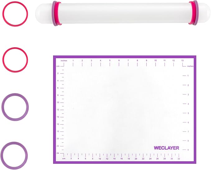 Clay Roller with Thickness Rings and 16" x 12" Silicone Clay Mat with Measurement,Oven-Safe Work Mat with Texture,Reusable Silicone Non-skid Pad,Clay Rolling Pin,Polymer Clay Tools
