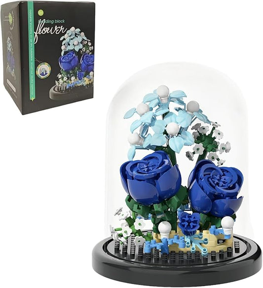 Blue Rose Flowers Micro Bricks Building Set with Dust Cover,Artificial Flowers Botanical Collection for Home Decor, Creative Gifts for Adults Women Boys Girls,270 Pieces