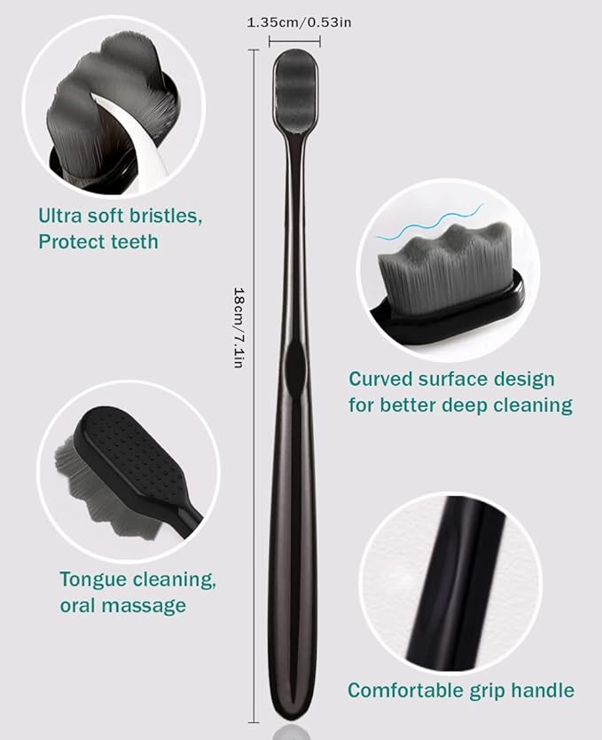 GoldDawn Extra Soft Toothbrush for Sensitive Teeth and Gums， Micro Fur Manual Toothbrush with 20000 Ultra Soft Bristle, Excellent Cleaning Effect， Perfect for Adults & Kids (6 Pack Gray Bristles)