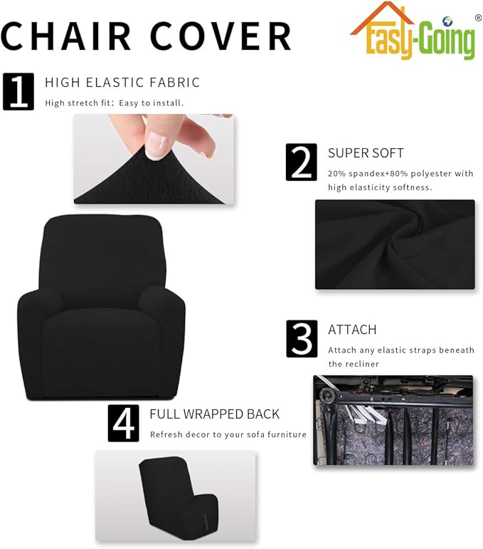 Easy-Going 4 Pieces Microfiber Stretch Recliner Slipcover – Spandex Soft Fitted Sofa Couch Cover, Washable Furniture Protector with Elastic Bottom for Kids, Pet(Recliner, Black)