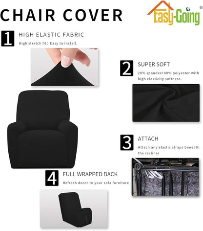 Easy-Going 4 Pieces Microfiber Stretch Recliner Slipcover – Spandex Soft Fitted Sofa Couch Cover, Washable Furniture Protector with Elastic Bottom for Kids, Pet(Recliner, Black)