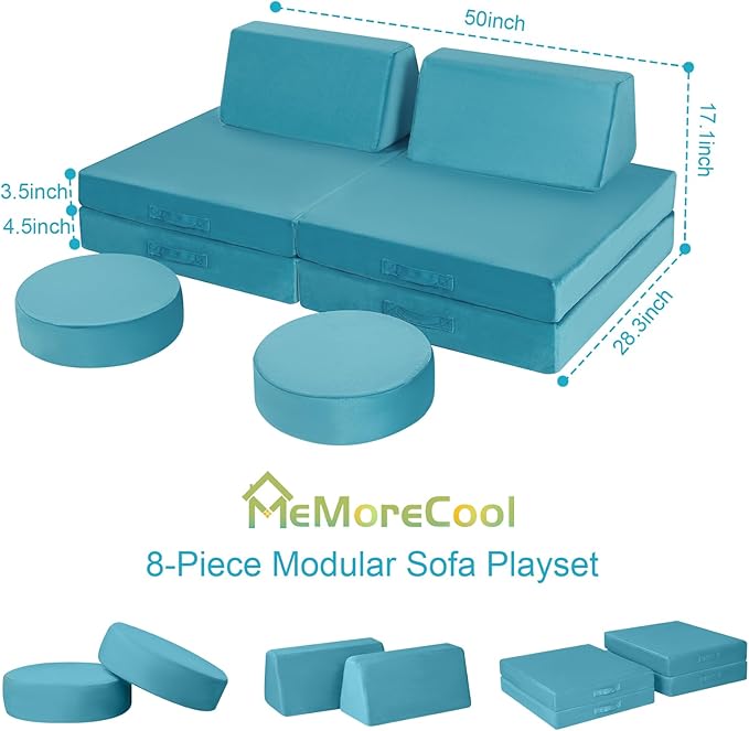 MeMoreCool Modular Kids Play Couch Sofa, 8-Piece Convertible Turquoise Toddler Sofa Play Set for Playroom and Baby