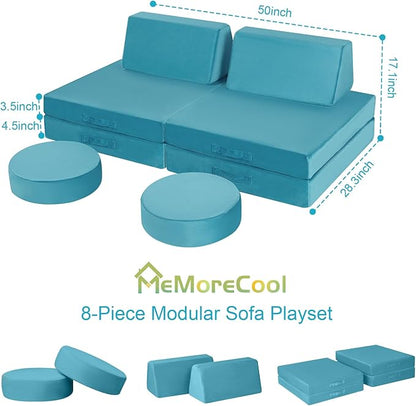 MeMoreCool Modular Kids Play Couch Sofa, 8-Piece Convertible Turquoise Toddler Sofa Play Set for Playroom and Baby