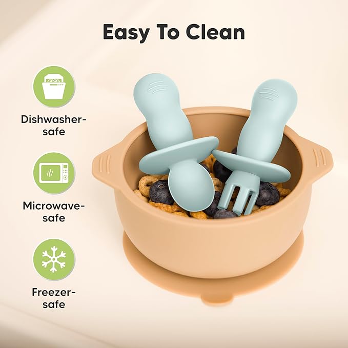 KeaBabies 4-Pack Silicone Baby Spoons and Forks Set - Baby Spoon Self Feeding, BLW Baby Utensils 6-12 Months, Baby Led Weaning Feeding Spoon, Teething Infant Baby Food Training Pre Spoon (Pastel Sky)