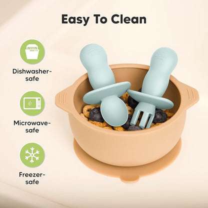 KeaBabies 4-Pack Silicone Baby Spoons and Forks Set - Baby Spoon Self Feeding, BLW Baby Utensils 6-12 Months, Baby Led Weaning Feeding Spoon, Teething Infant Baby Food Training Pre Spoon (Pastel Sky)