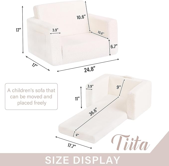 Tiita Kids Sofa, 2-in-1 Kids Sofa Chair, Convertible Children Couch to Lounger, Flip Out Kids Sofa Chair, Toddler Armrest Chair Bed, Folding Kids Play Sofa for Girl or Boy (Beige)