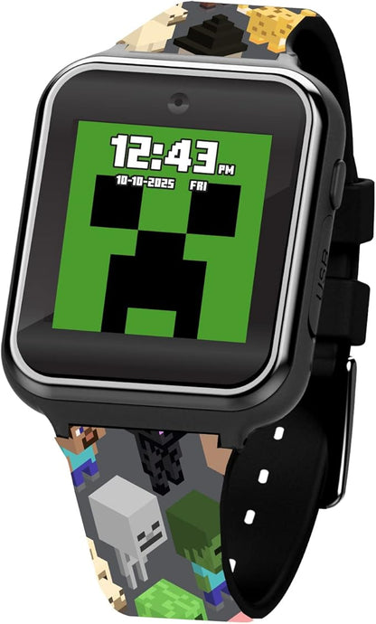 Minecraft Kids LED Smartwatch Interactive Gaming-Themed Watch 10 Changeable Faces, Step Counter, Calculator, Games, Selfie Cam, Alarm & Timer, Printed Silicone Straps – Fits Wrists 5.5"-8.0"