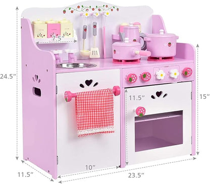 Fireflowery Wooden Play Kitchen, Play Cooking Set w/Sink, Stovetop, Fridge, Microwave, Pretend Kid Kitchen Set for Toddlers, Gift for Ages 3+