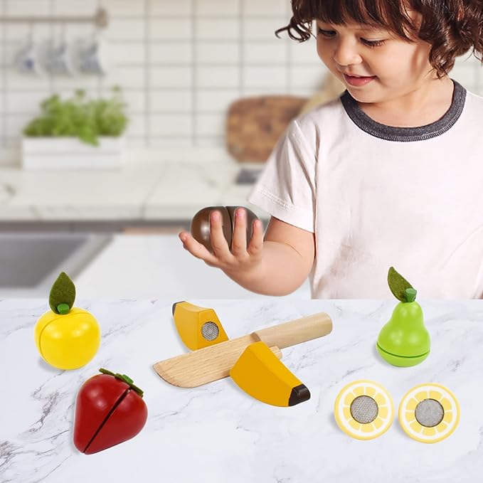 PairPear Wooden Play Food Cutting Fruit Set - Wooden Toys for Toddlers Toy Food Play Kitchen Accessories