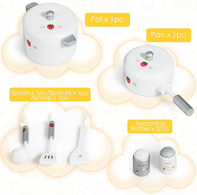 Mayjooy Kids Kitchen Playset, Wooden Play Kitchen w/7 Accessory Utensils, Blackboard, Sink, Stovetop, Sink, Cabinets, Fridge, Simulated Sound & Lights, Pretend Play Kitchen Set for Toddlers Boys Girls