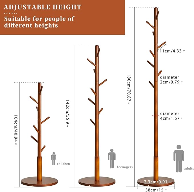 Wood Coat Rack Freestanding, Coat Stand with 8 Hooks, Kids Coat Tree with 3 height options and Sturdy Base, Rustic Coat Rack Small Hall Tree Brown YD-1008