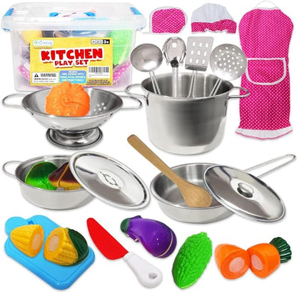 ArtCreativity Pretend Play Kitchen Set for Kids, 23-Piece Kids’ Kitchen Playset with Pots, Pans, Chef Hat, Apron, Utensils, Knife Toy, Pretend Play Food, & More, Kids’ Kitchen Playset for Hours of Fun
