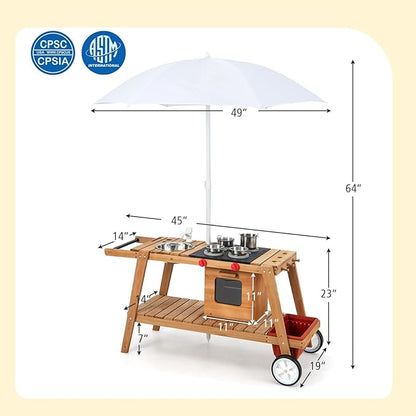 HONEY JOY Mud Kitchen with Umbrella, Wooden Rolling Mud Table Cart, Toddler Outdoor Kitchen Playset, Sink, Faucet, Planting Pots, Utensils, Storage Cabinet, Mud Kitchen for Kids Outdoor with Wheels