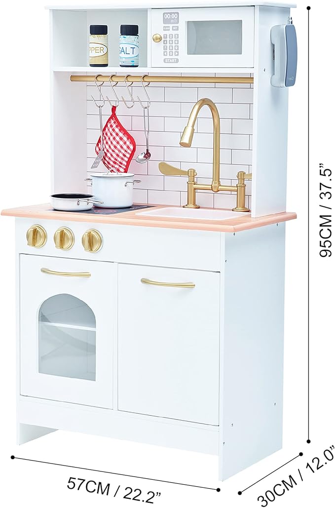 Teamson Kids Little Chef Boston Compact Farmhouse Interactive Wooden Play Kitchen with Sink, Oven, Microwave and Storage Space for Easy Clean Up, White with Gold Finishes