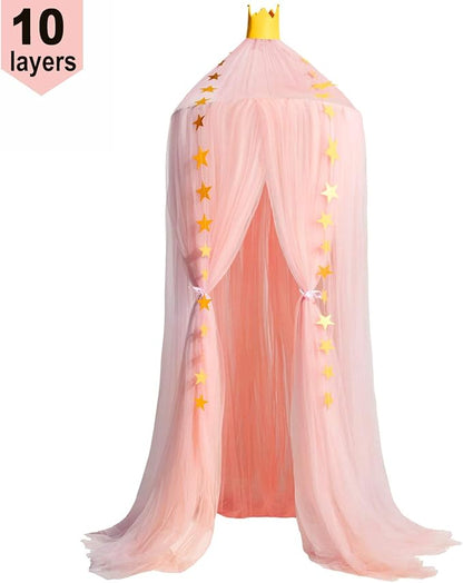 Jolitac Princess Bed Canopy for Girls Room Decor Round Lace Mosquito Net Play Tent Reading Nook Canopies Yarn Girl Dome Netting Castle (Pink)