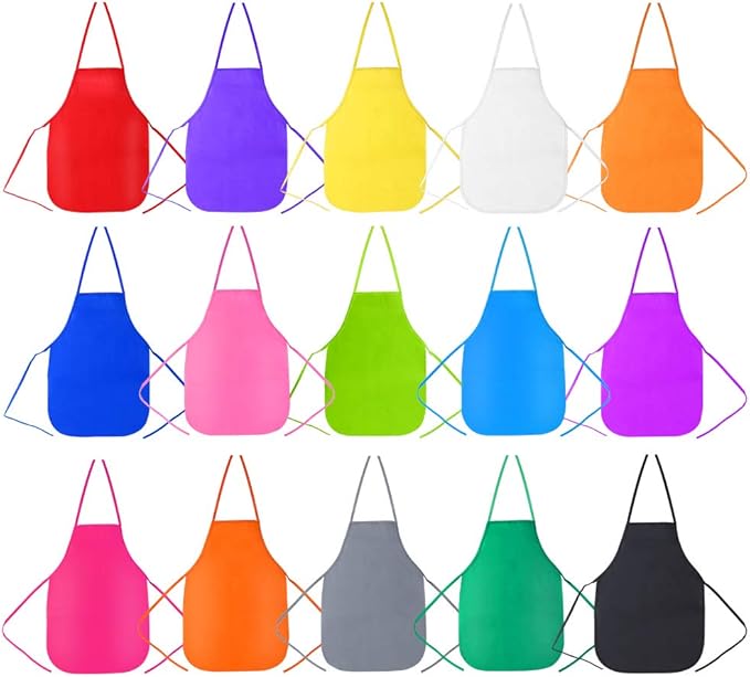 Caydo 15 Pieces Middle Size Kids Painting Apron for Ages 5 to 10, in Kitchen, Classroom, Community Event, Crafts and Art Painting Activity, 15 Colors