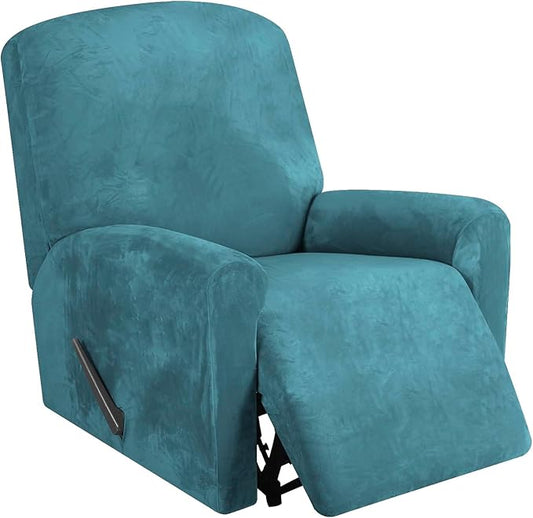 FestiCorp Recliner Chair Covers Real Velvet 4-Pieces Recliner Covers for Small Lazy Boy Recliner Chair Stretch Recliner Sofa Slipcovers Protector with Side Pocket & Elastic Bottom, Peacock Blue