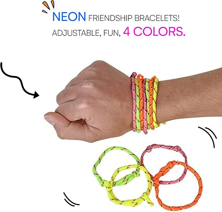Neliblu Friendship Bracelets - Pack of 144 Neon Rope Bracelet, 7-Inch Adjustable in Orange, Yellow, Pink, and Green - Fun Accessories for Kids and Adults - Ideal for Party Favors, Gift Bags, and More