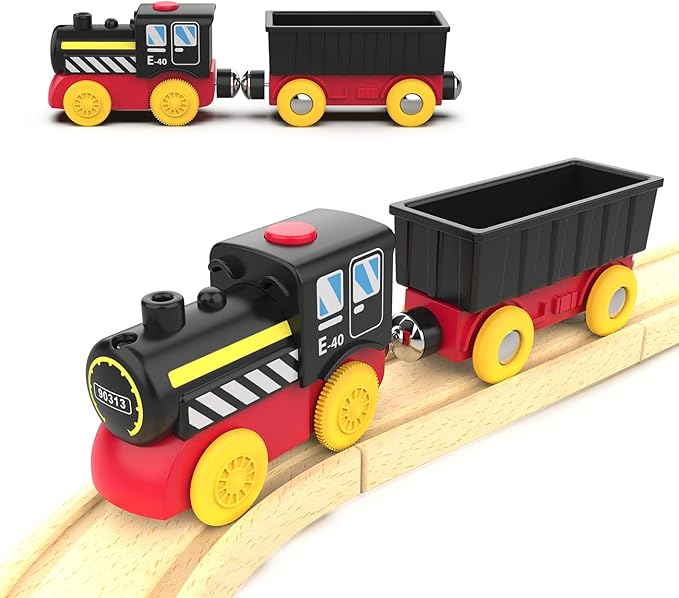 Battery Operated Locomotive Train, Magnetic Trains Toy for Wooden Tracks, Motorized Train Compatible with Thomas, Brio, Chuggington, Melissa & Doug