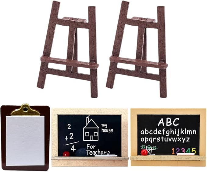 LOGOFUN Dollhouse School Supplies Set Miniature Blackboards Wooden Easel Painting Board Mini House Accessory