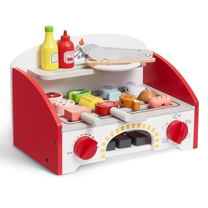 VEVOR Kids BBQ Grill Toy, Wooden Barbecue Kitchen with Realistic Carbon Fire, Wooden Play Food Kitchen Accessory (26 PCS), Indoor/Outdoor Interactive Pretend Play Toys for Boys Girls Ages 3+ Gift