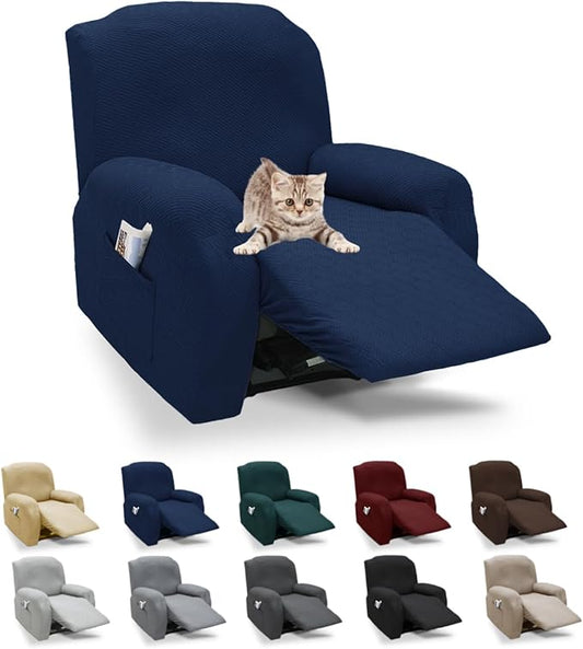 XINEAGE 4 Pieces Recliner Cover Stretch Jacquard Recliner Chair Covers Soft Recliner Slipcovers with Pocket for Kids and Pets, Washable Couch Cover (Recliner, Navy Blue)
