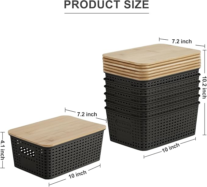 Bagnizer Small Plastic Storage Bins with Bamboo Lids 5.2qt Stackable Box Basket Pantry Decorative Containers Cute with Lable for Organizing Desktop Closet Office Black of 6 packs 10 * 7.2 * 4.1'’