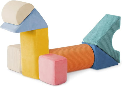 B. Toys - Sensory Foam Building Blocks for Kids - 8-Piece Textured Stacking Toys for Babies 6-12 Months - Soft Geometric Shapes with Tactile Fabric Cover - Foam Blocks for Toddlers