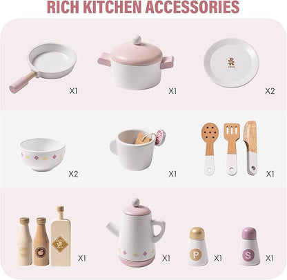ROBUD Play Kitchen for Kids Toddlers, Wooden Play Kitchen with Realistic Accessories, Toy Kitchen Set with Plenty of Play Features, Modern Style Toy Kitchen for Girls & Boys, Gift for Ages 3+, Pink