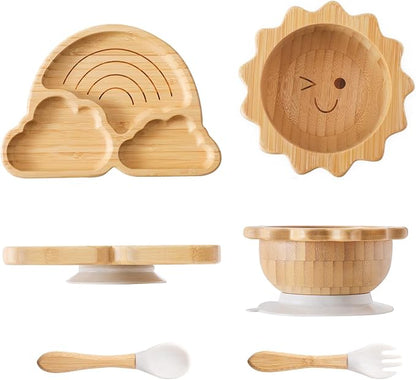 Bamboo Suction Plates Bowls Set for Baby Toddler Divided Platter Food bowl with Silicone Fork & Spoon All-Natural Baby Feeding Set for Baby-Led Weaning, Non-Slip Design