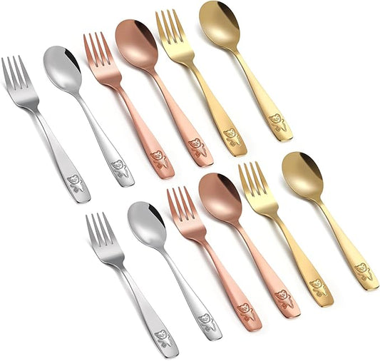 12 Piece Stainless Steel Kids Silverware Set,Toddler Utensils,Children Safe Food Grade Forks and Spoons,Mirror Polished, Dishwasher Safe