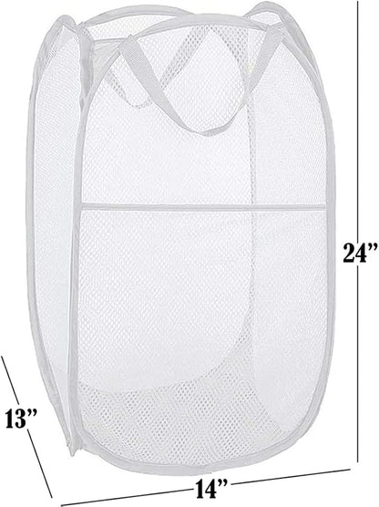 BATTOO Deluxe Strong Mesh Pop up Laundry Hamper Basket with Side Pocket Foldable Hamper for Laundry Room, Bathroom, Kids Room, College Dorm or Travel White + White