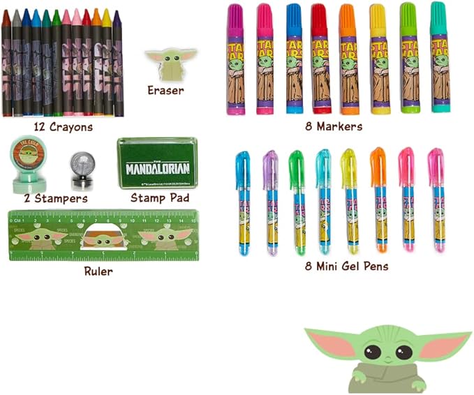 Innovative Designs Star Wars Mandalorian Baby Yoda Deluxe Activity Set for Kids with Carrying Tin, Coloring Sheets, Tattoos, Stickers, & Art Supplies, 500+ Pieces