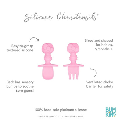 Bumkins Baby Utensils Set, Chewtensils Silicone Spoons for Dipping, Self-Feeding, Baby Led Weaning, Trainer Learning, First Stage Eating, Soft Practice Fork and Spoon, 6 Months, Hello Kitty Pink