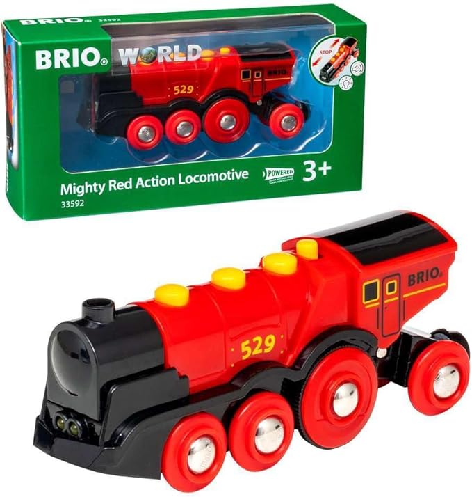 BRIO World 33592 Mighty Red Action Locomotive - Battery Operated Toy Train with Light, Sound Effects | Ideal for Kids Age 3 Compatible with All Tracks and Vehicles